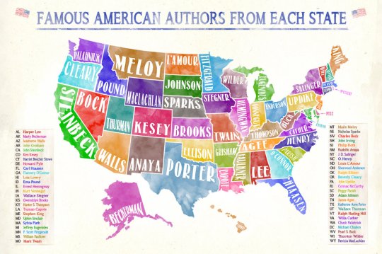 Famous authors from each US state - literary map