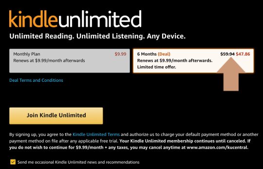 Personalized Kindle Unlimited deal on sign up page