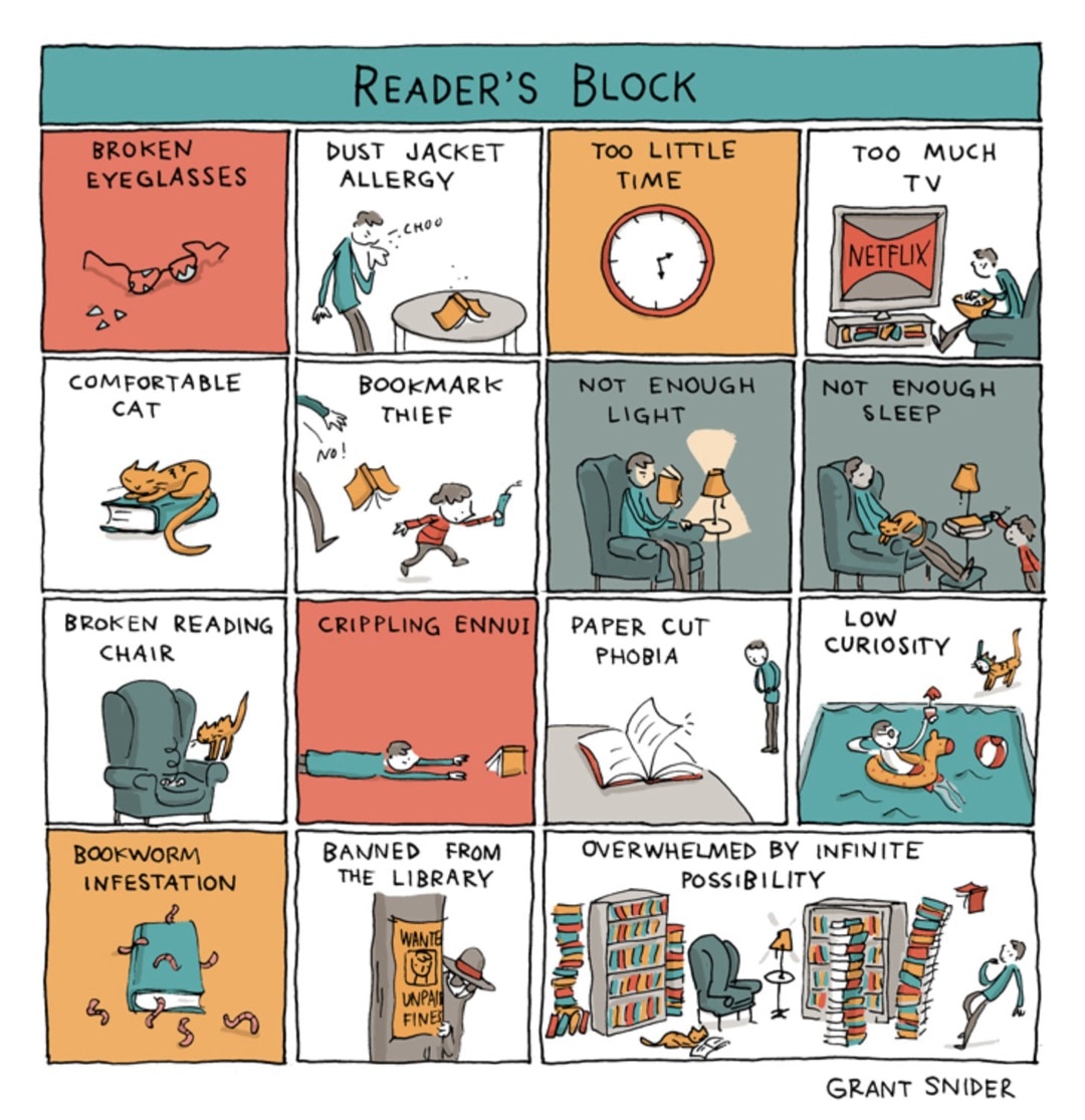 Reader's Block by Grant Snider - best cartoons about reading